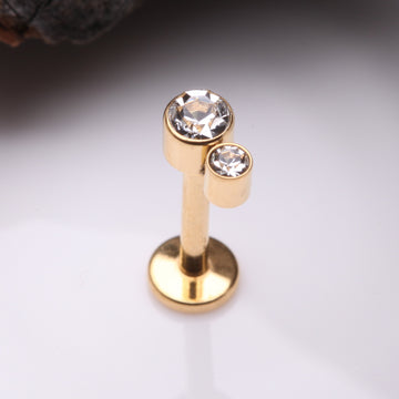 Detail View 1 of Golden Double Gem Sparkle Droplets Internally Threaded Steel Labret-Clear Gem